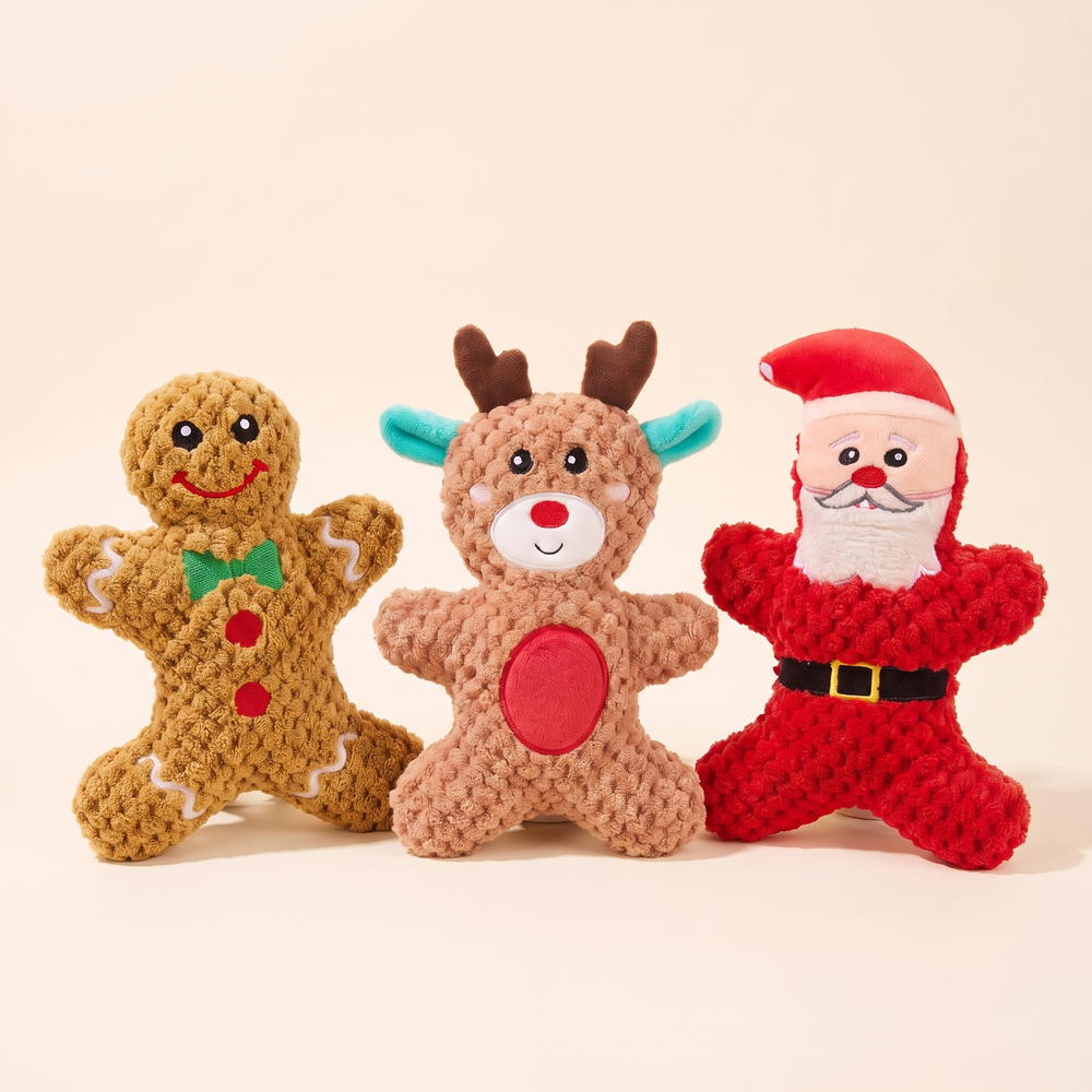 3-piece set: gingerbread man, moose and Santa plush squeaky dog toys