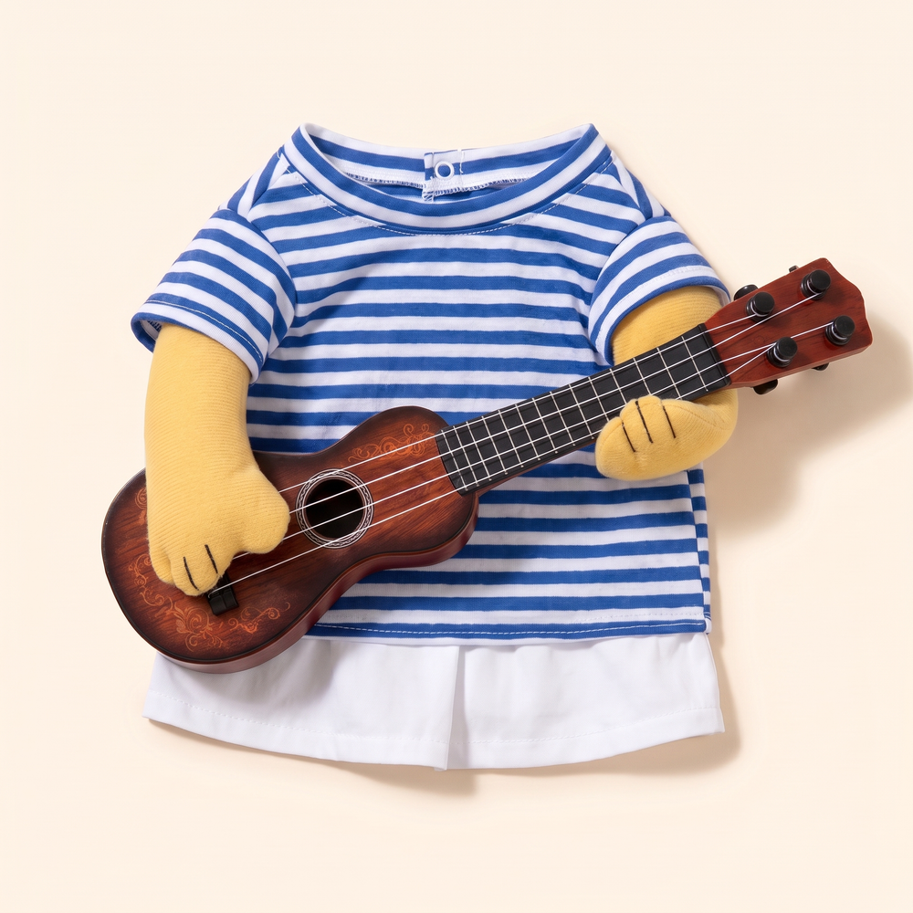Guitarist dog costume laid flat – striped shirt, stuffed arms and plush guitar