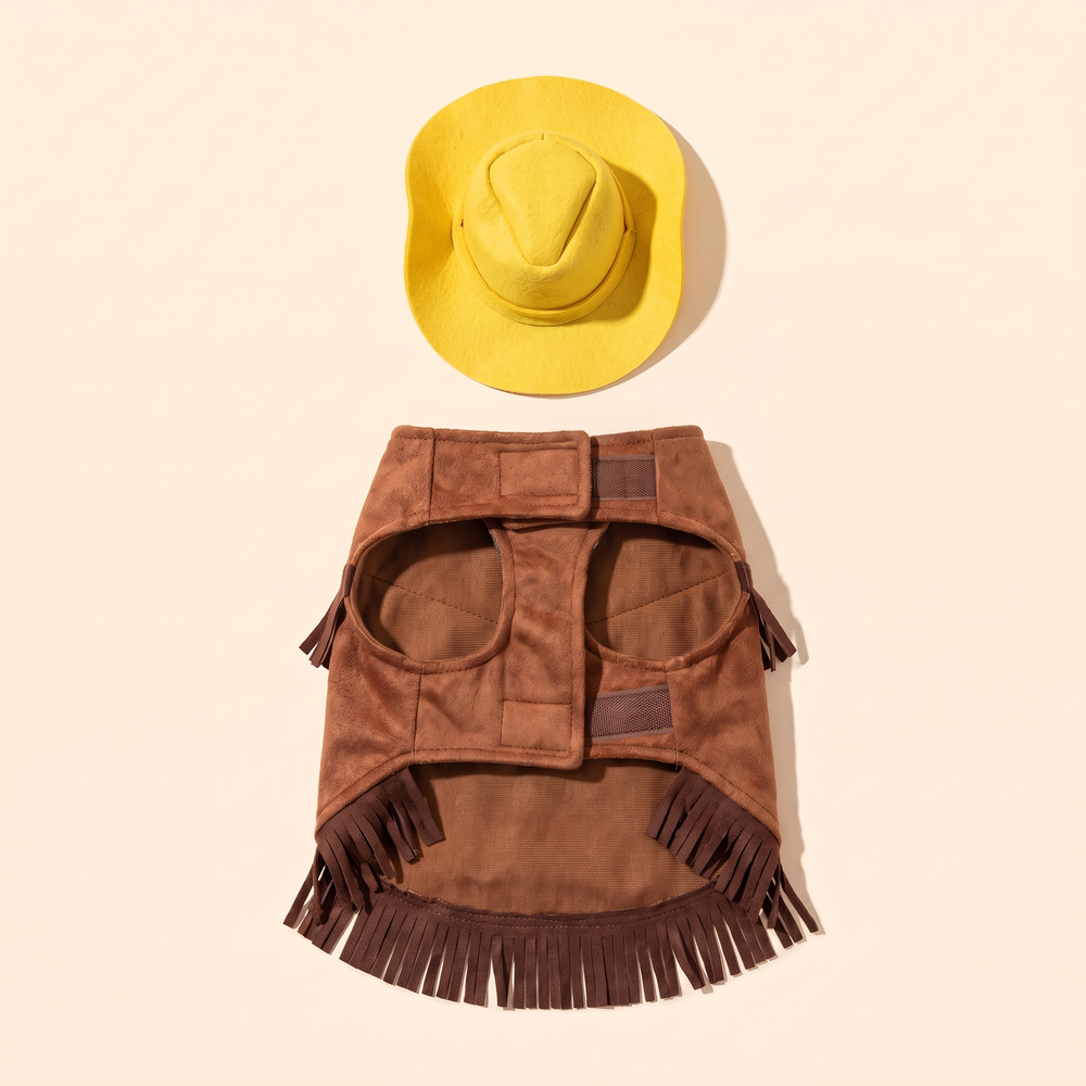 Cowboy dog jacket and yellow hat laid flat – product photo