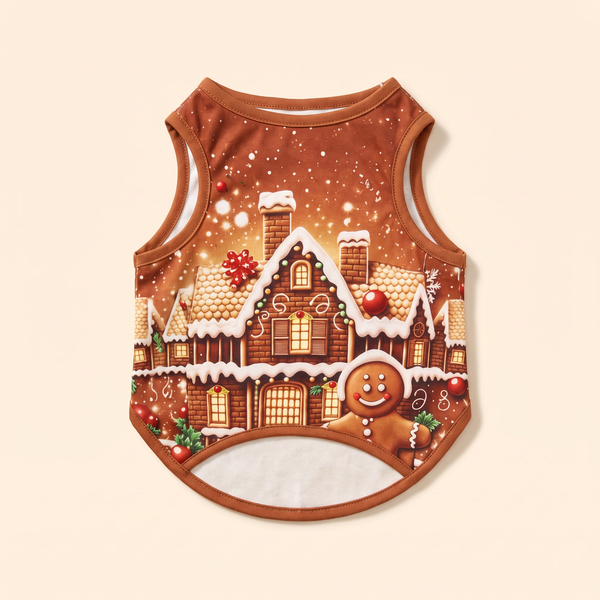 Gingerbread Christmas dog vest laid flat, brown gingerbread house and gingerbread man print with snow
