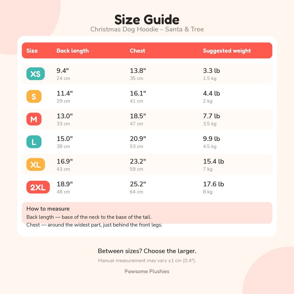 Christmas dog hoodie size guide – back length, chest and weight