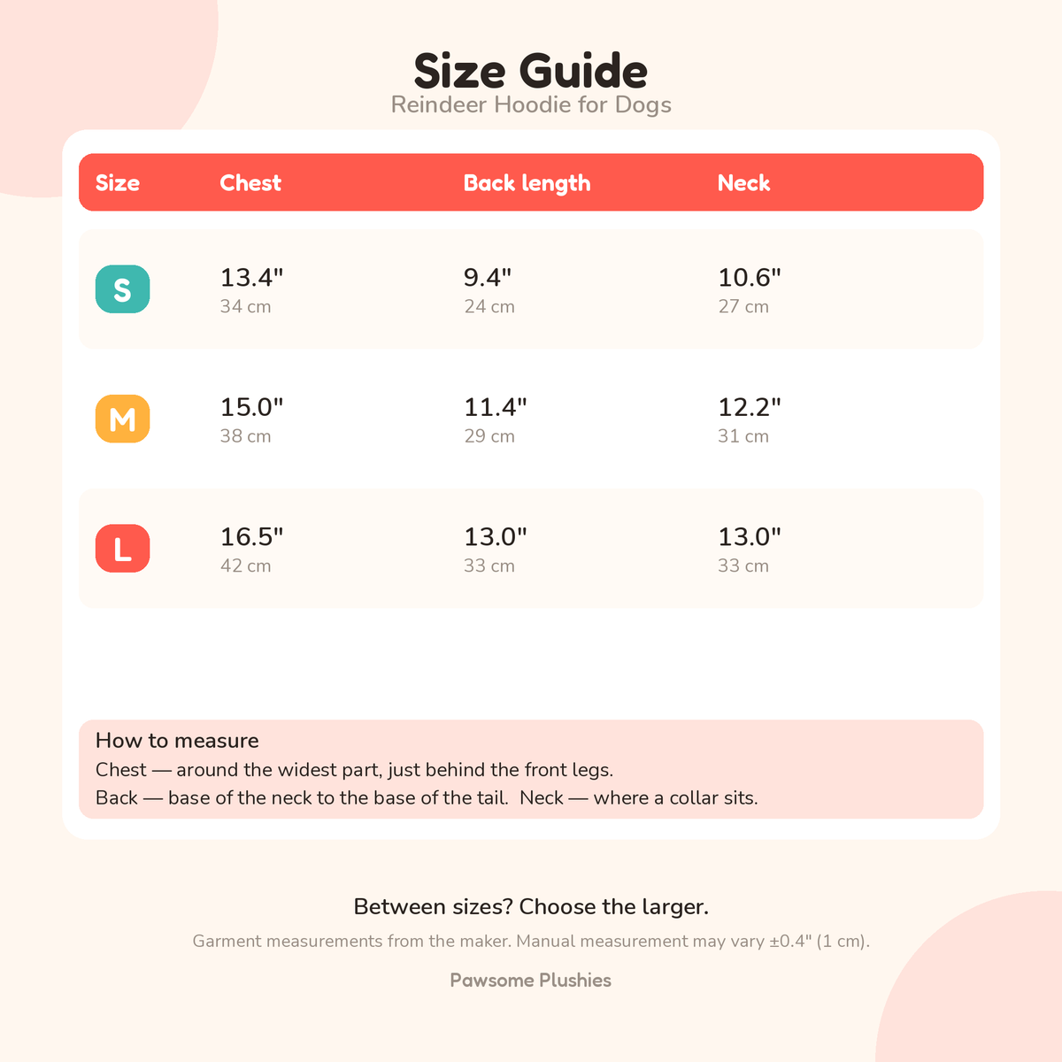 Reindeer hoodie size guide – chest, back length and neck for S, M and L — size chart