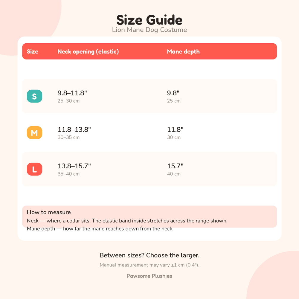 Lion mane dog costume size guide – neck opening and mane depth