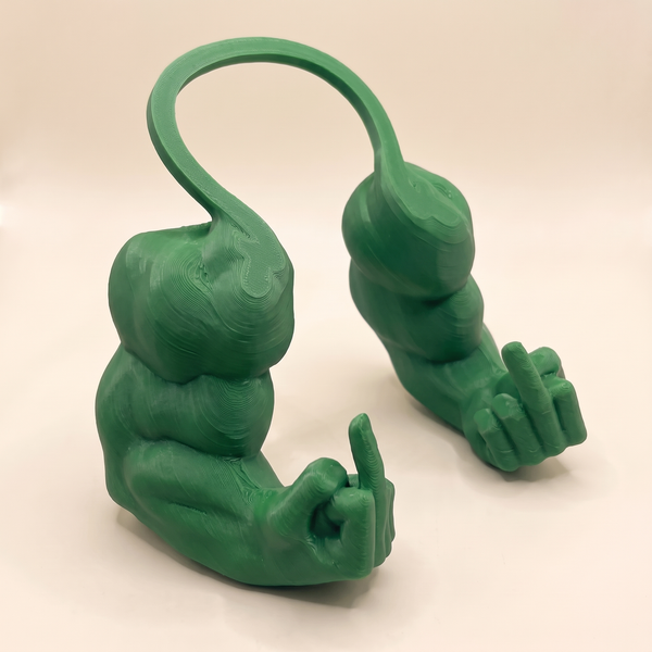 Muscle arm cat prop in green, 3D-printed arms on a curved connecting band