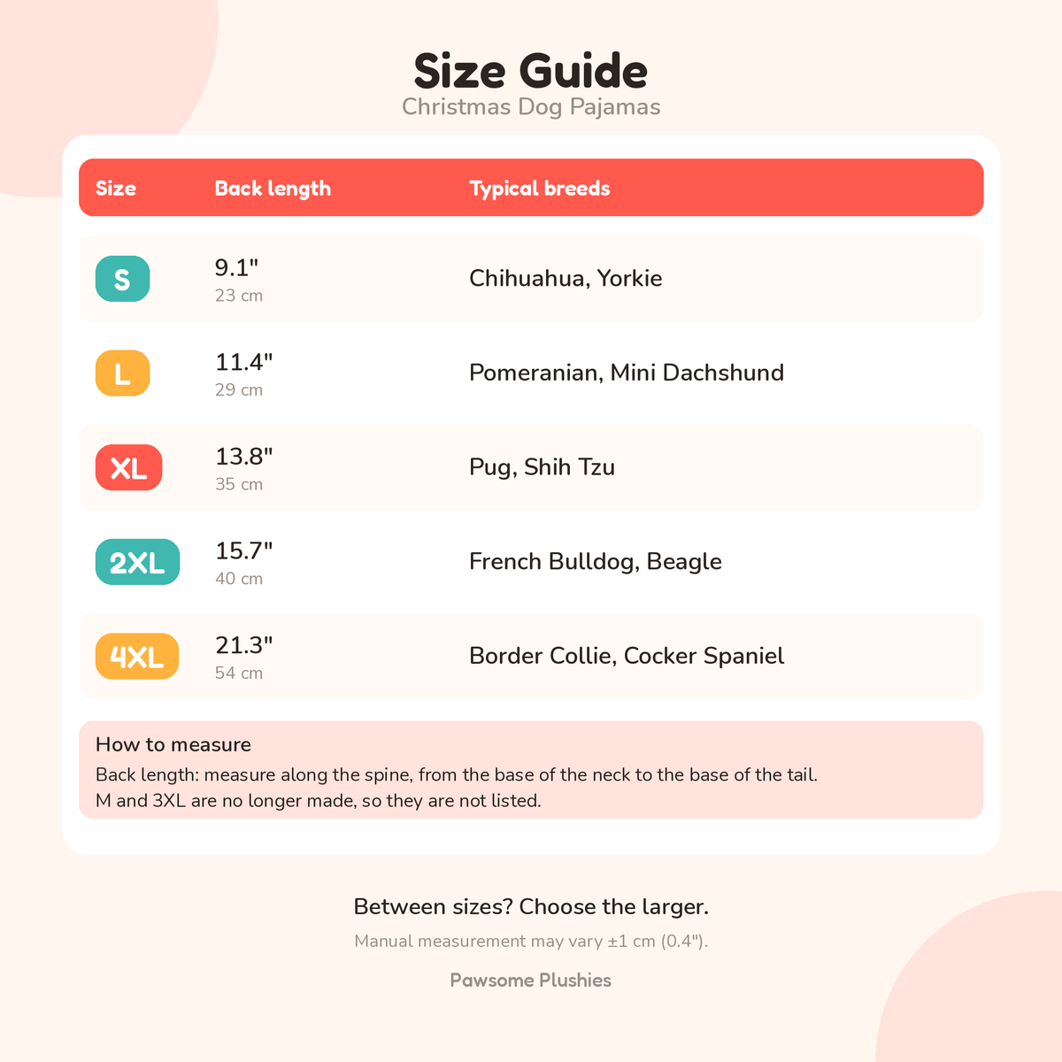 Christmas dog pajamas size guide - back length by size size chart