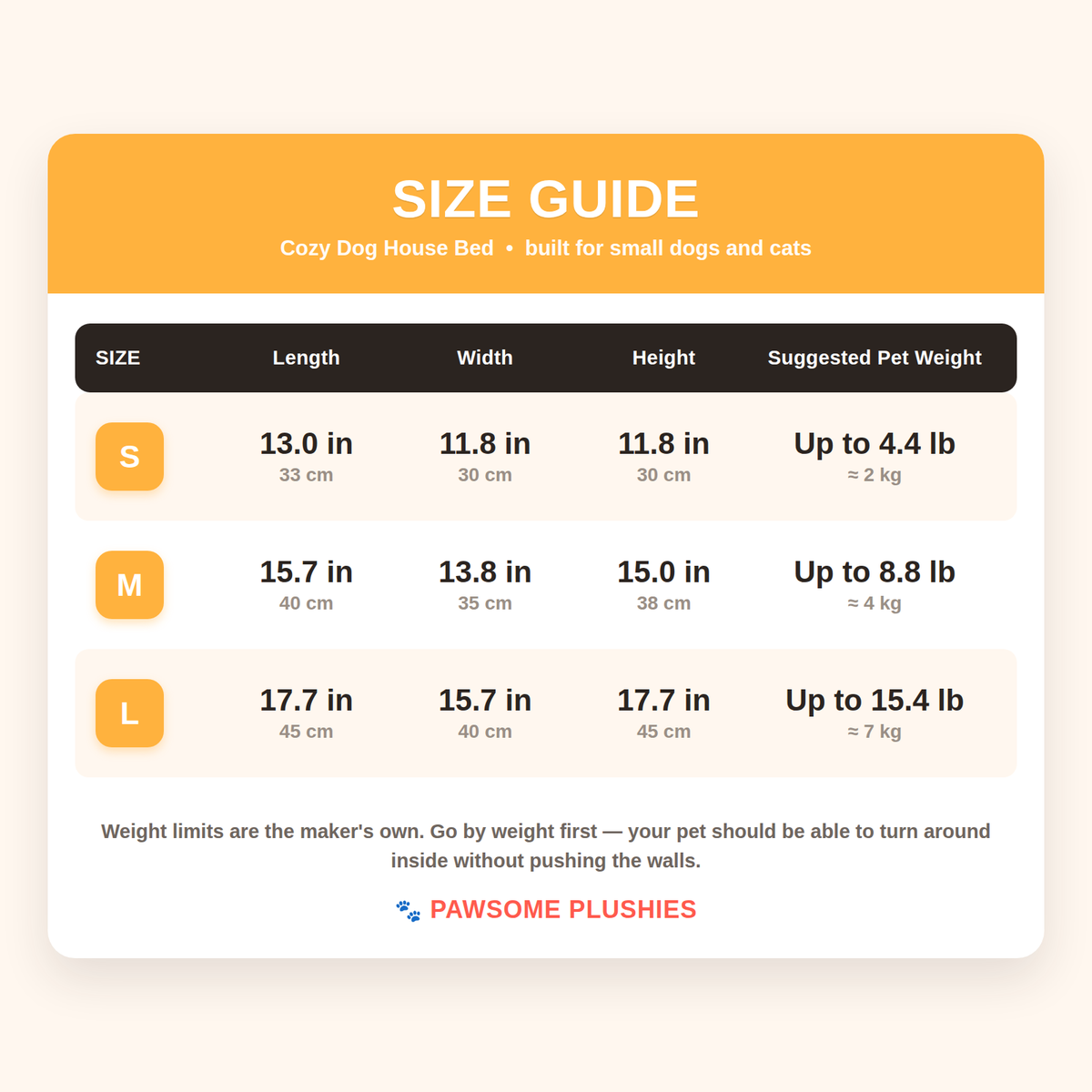 Cozy Dog House Bed size chart – inches and cm size chart
