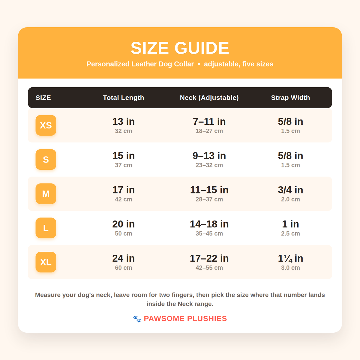 Personalized Leather Dog Collar size chart – inches and cm size chart
