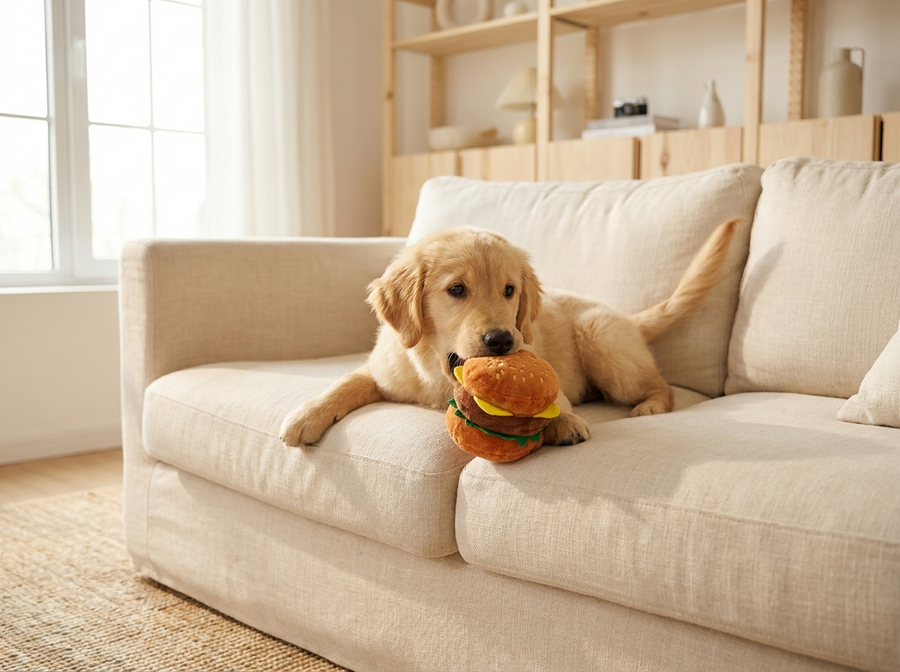Golden retriever puppy on a cream sofa with a plush hamburger squeaky toy