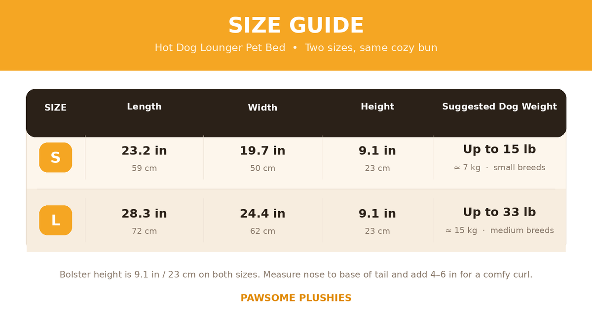 Hot Dog Lounger Pet Bed size chart – inches and cm size chart
