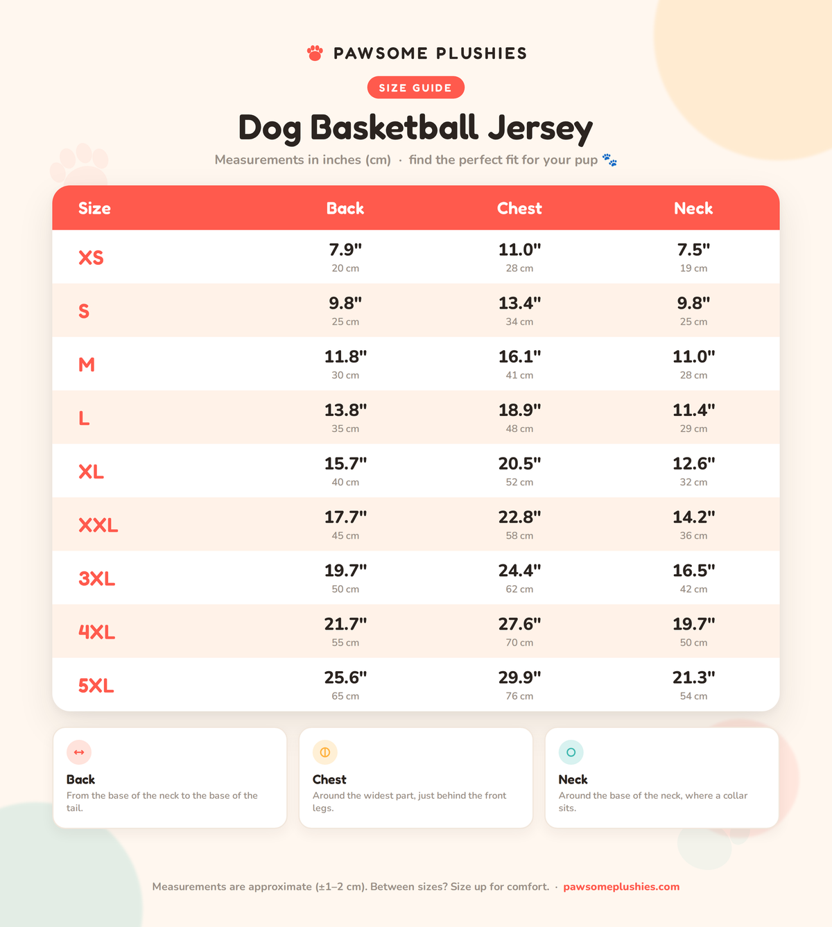 Dog Basketball Jersey size chart – inches and cm size chart
