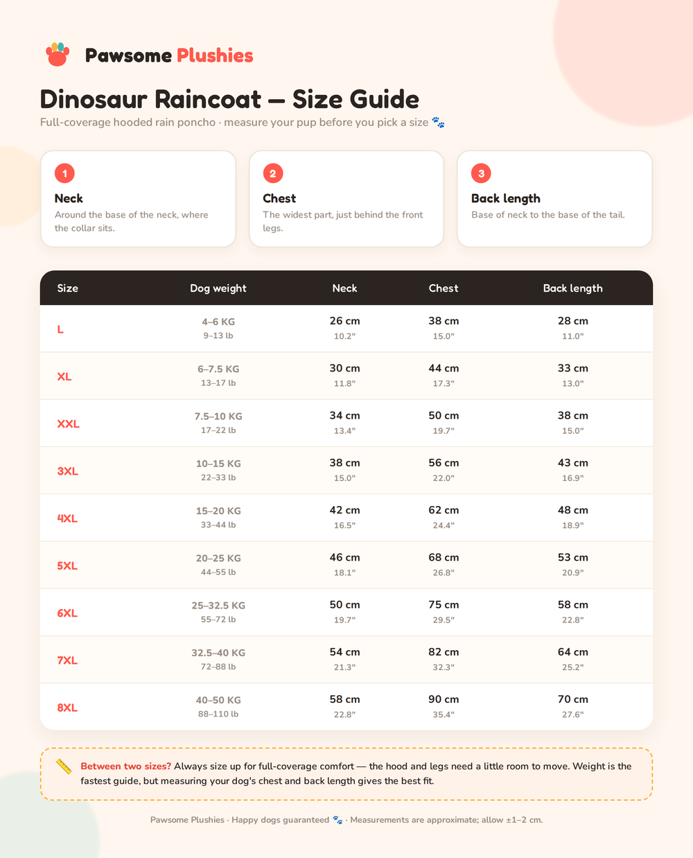 Dinosaur Dog Raincoat size chart – inches and cm