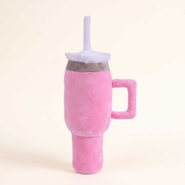 Pink Cup Squeaky Plush Dog Toy – pink fleece cup with handle, gray band, lavender lid and straw