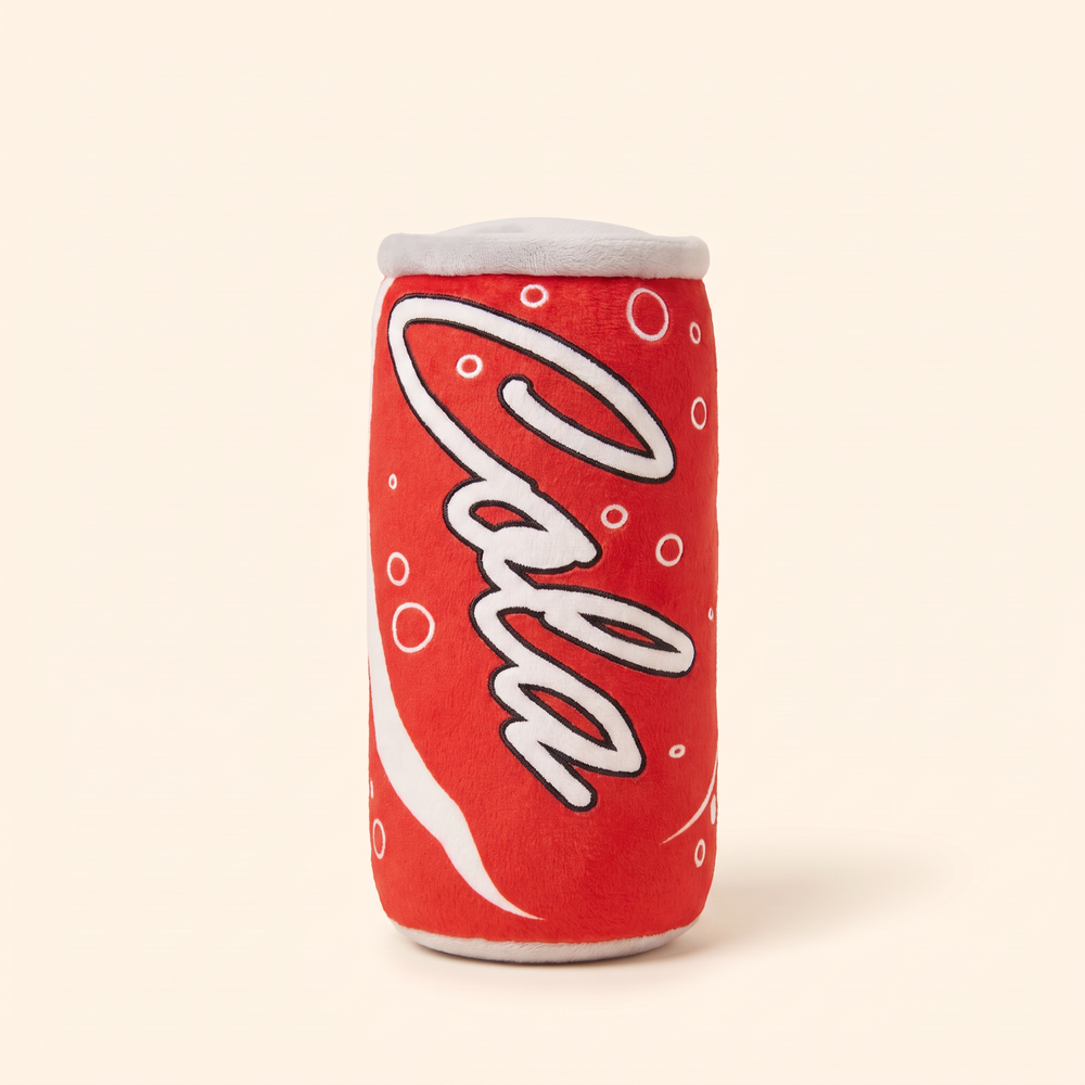 Red cola plush soda can squeaky dog toy with white script print