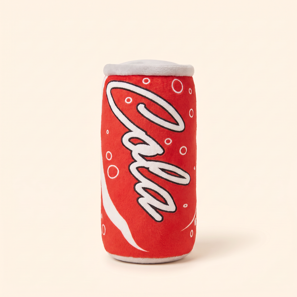 Cola plush soda can squeaky dog toy, red can with white script and bubble print