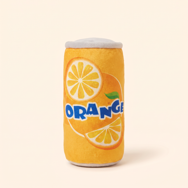 Orange plush soda can squeaky dog toy with orange slice print and gray rims