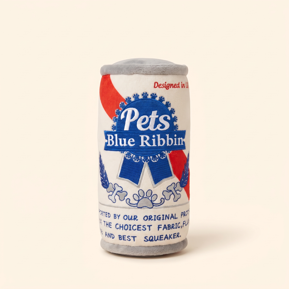 Cream white plush can squeaky dog toy with blue ribbon label