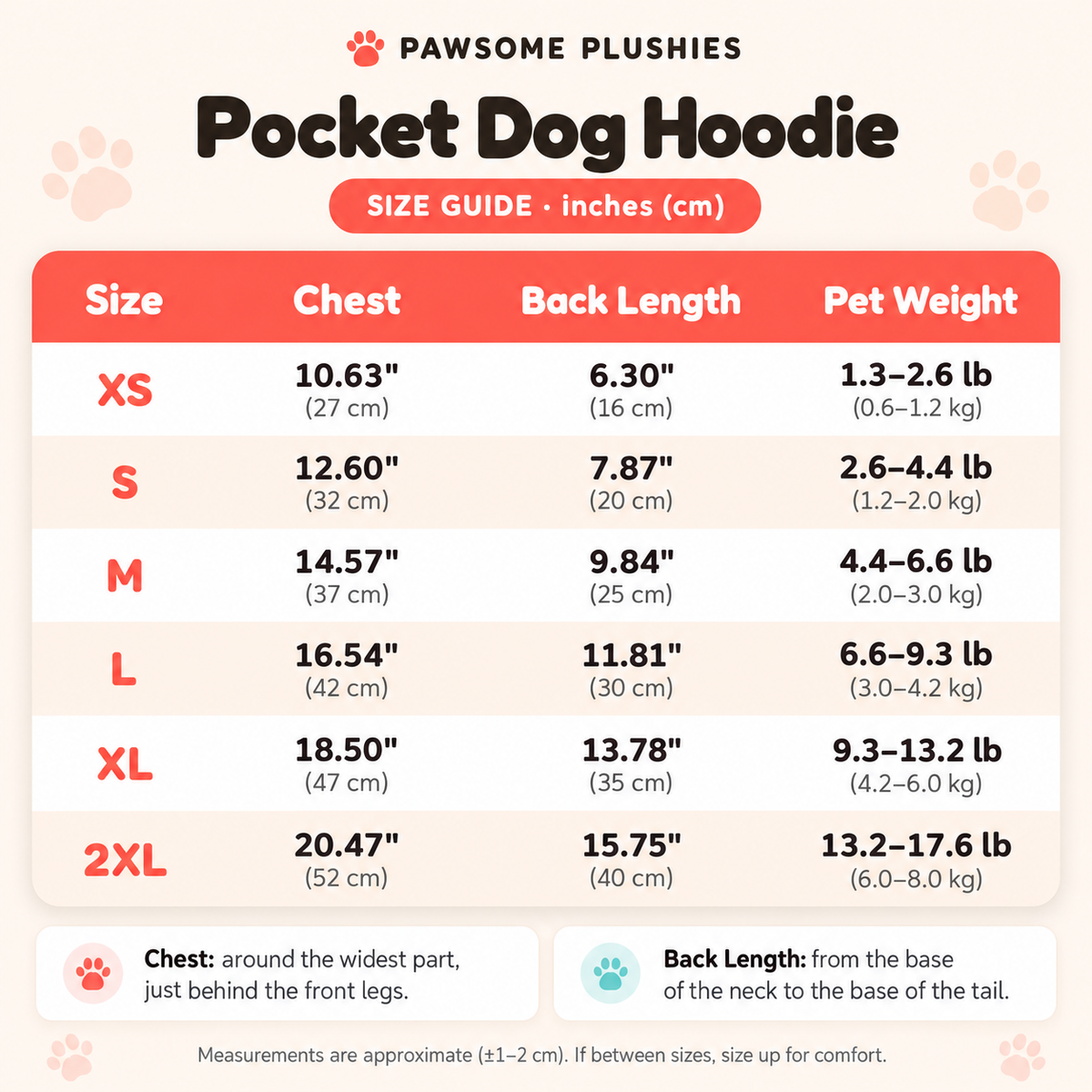 Pocket Dog Hoodie size chart – inches and cm size chart