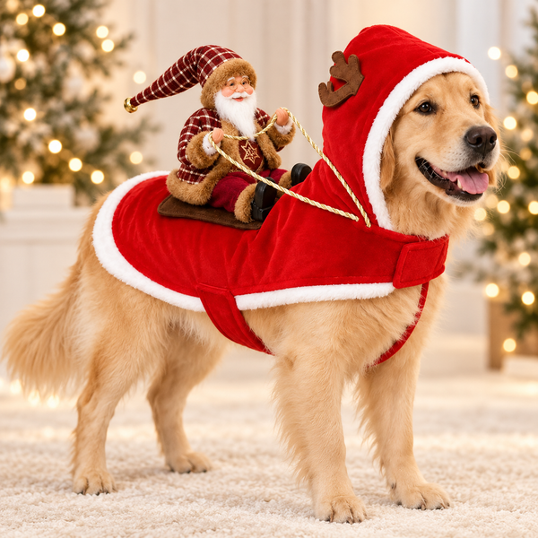 Golden retriever wearing the Santa rider dog costume by a Christmas tree