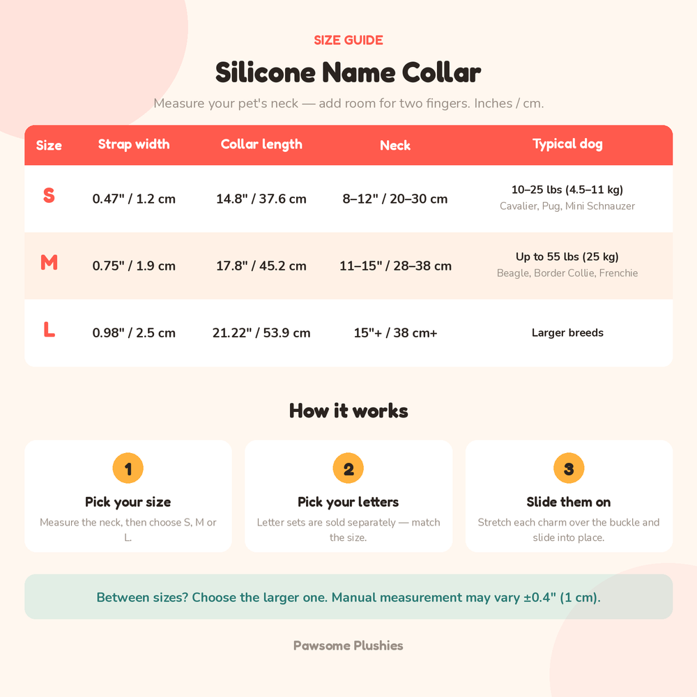 Silicone Name Collar size chart — inches and cm
