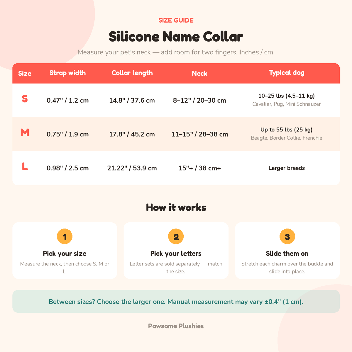Silicone Name Collar size chart — inches and cm — size chart