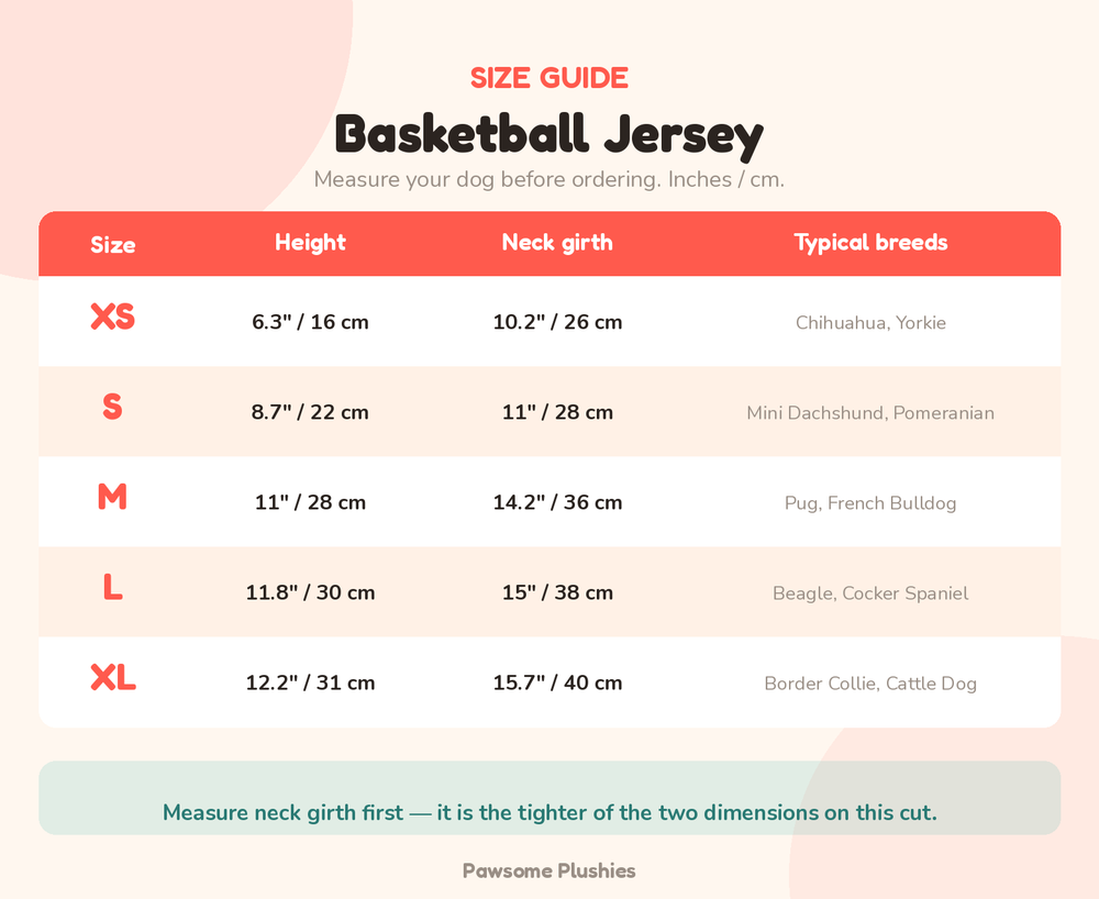 Dog Basketball Jersey Costume size chart - inches and cm