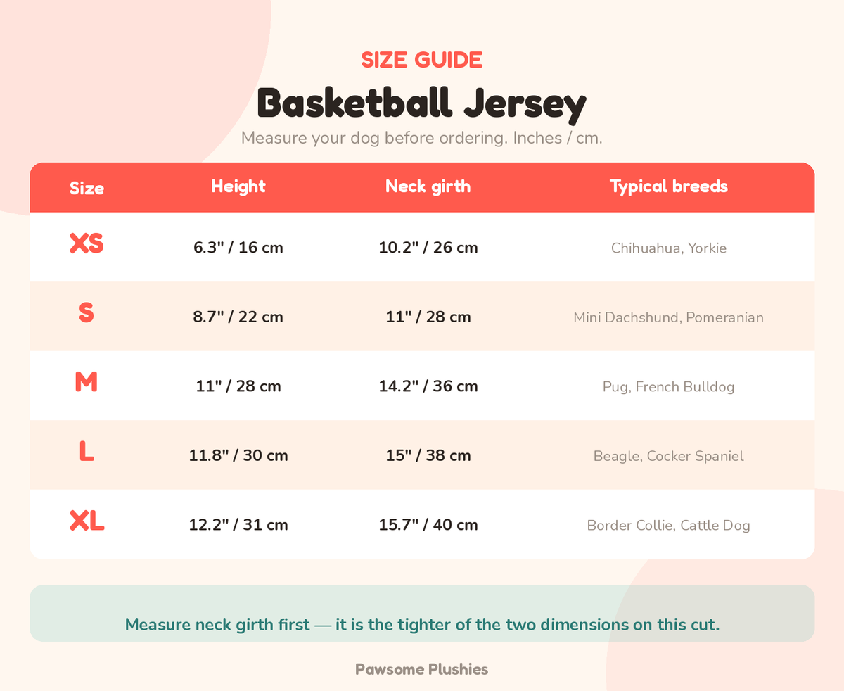 Dog Basketball Jersey Costume size chart - inches and cm — size chart