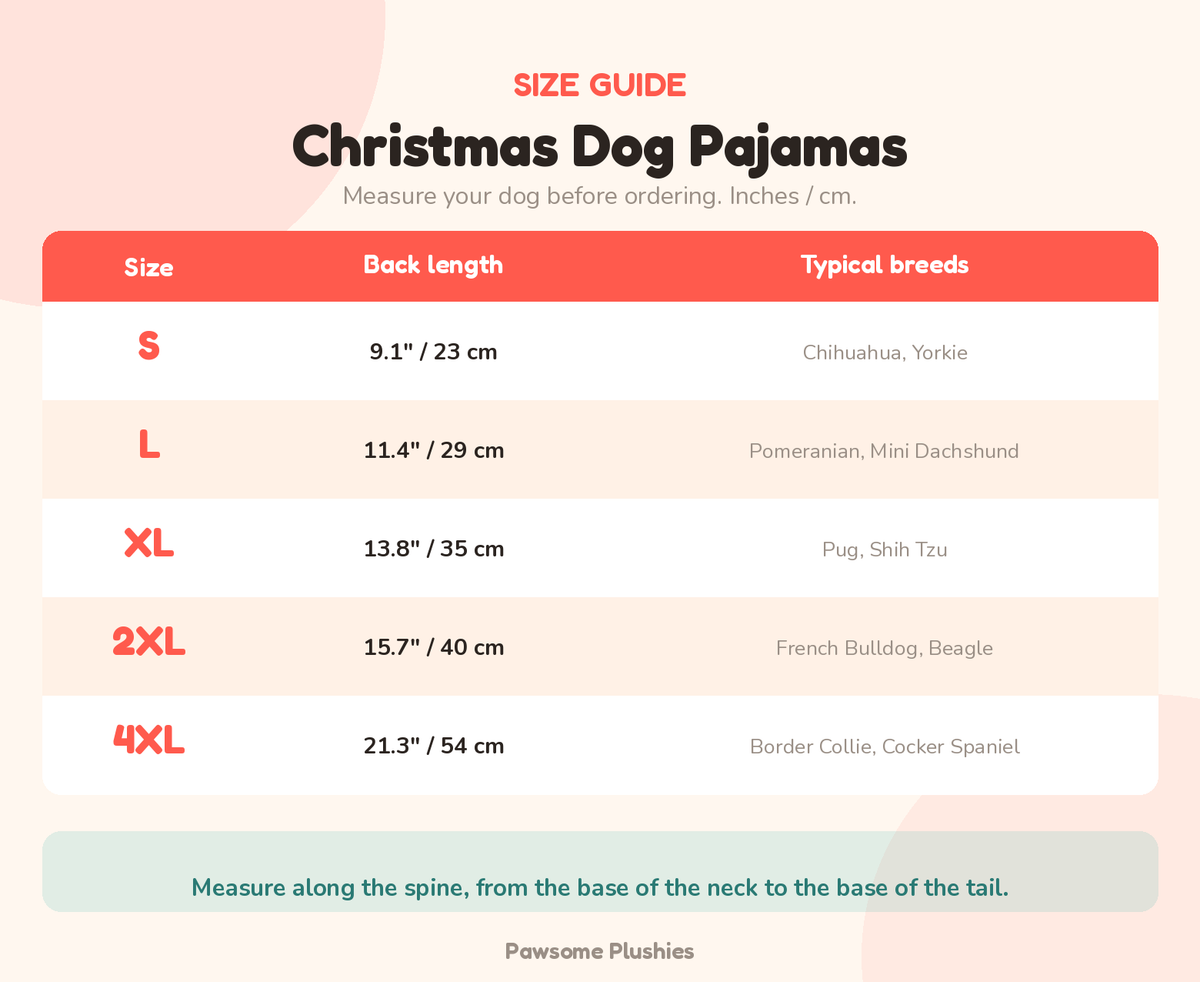 Christmas Dog Pajamas size chart - inches and cm — size chart