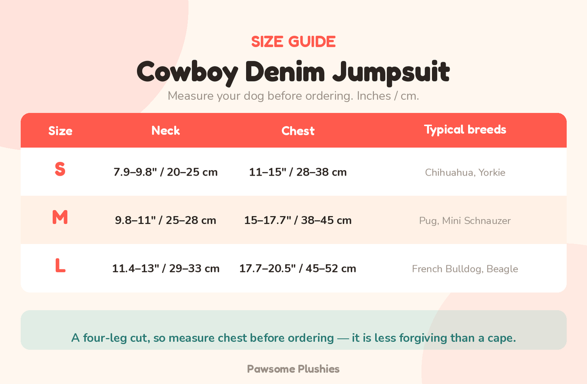 Cowboy Denim Dog Costume size chart - inches and cm — size chart