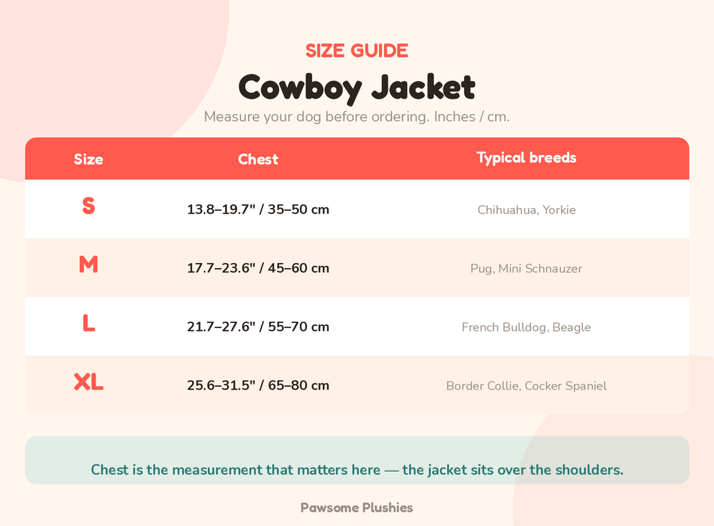 Cowboy Jacket Dog Costume size chart - inches and cm