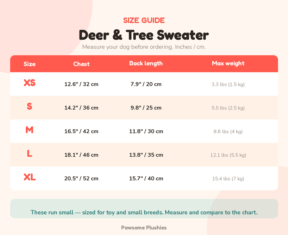 Christmas Deer and Tree Dog Sweater size chart - inches and cm