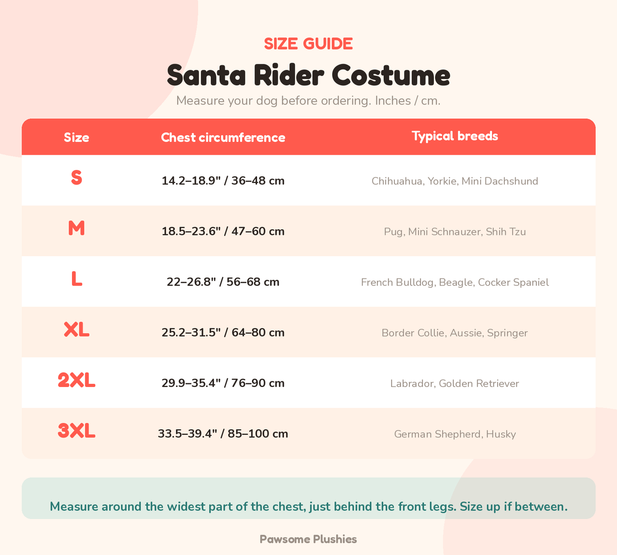 Santa Rider Dog Costume size chart - inches and cm size chart