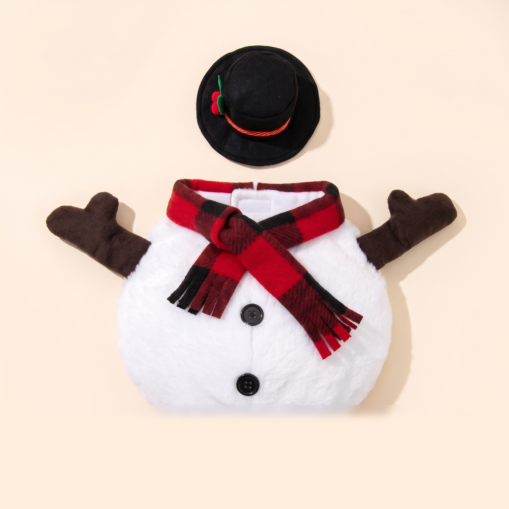 Snowman dog costume laid flat – padded body, scarf, stick arms and hat