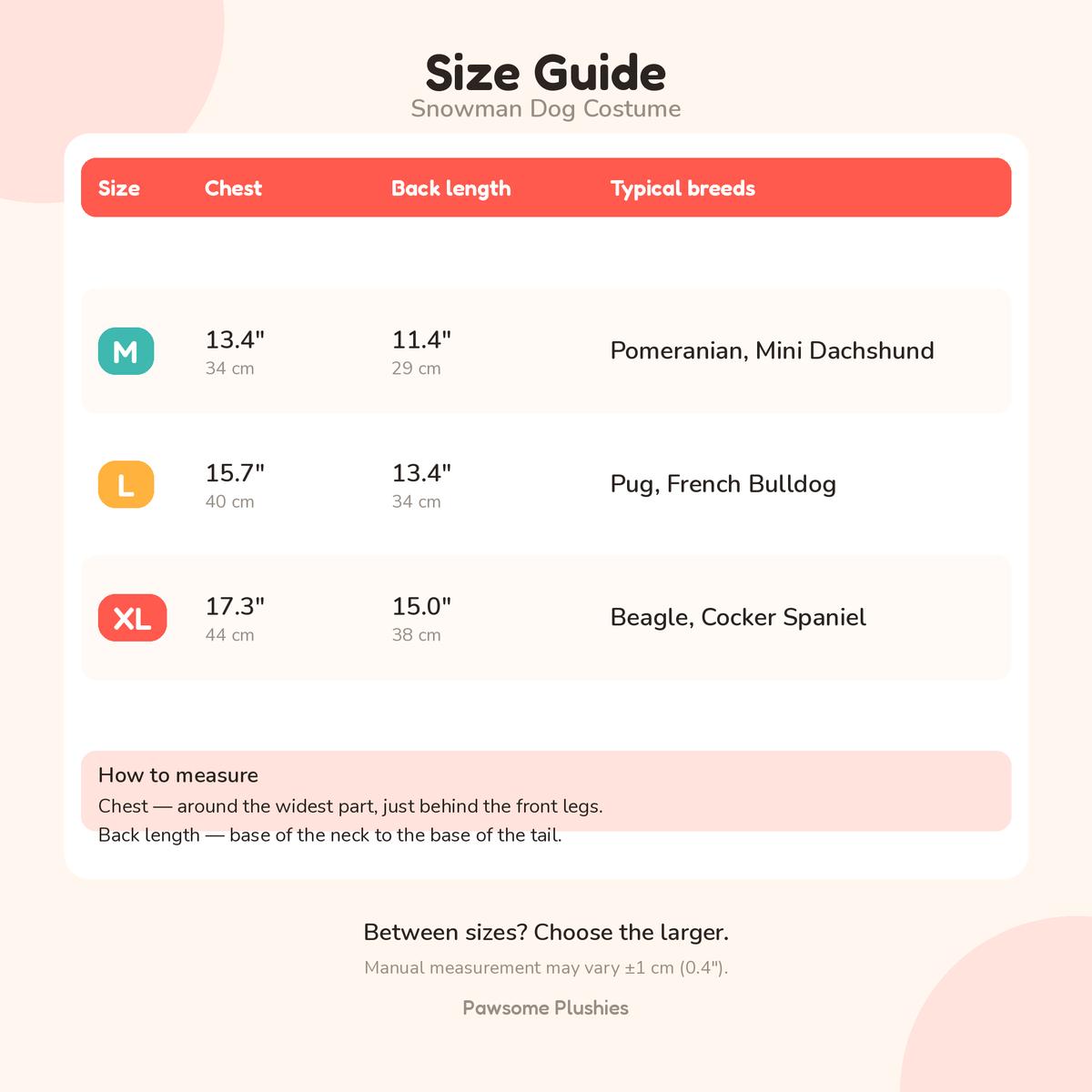 Snowman dog costume size guide – chest and back length for M, L and XL — size chart