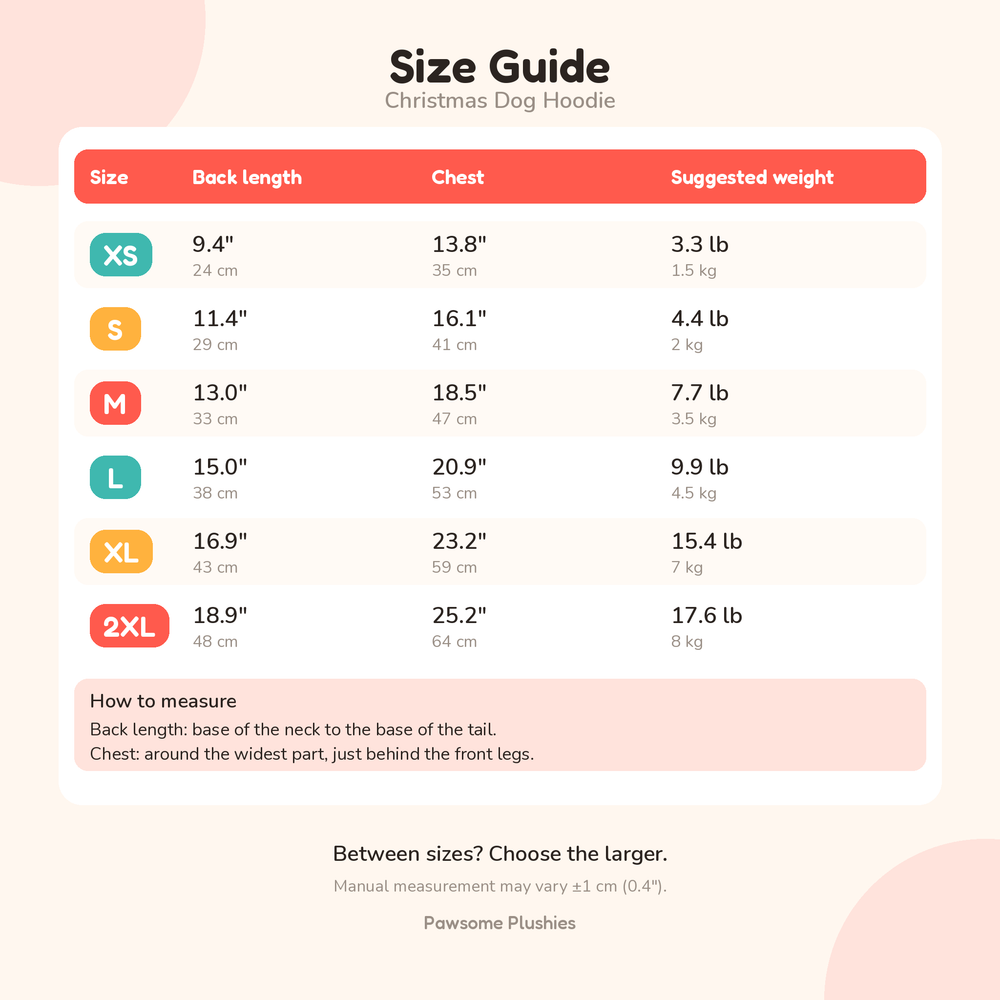 Christmas dog hoodie size guide