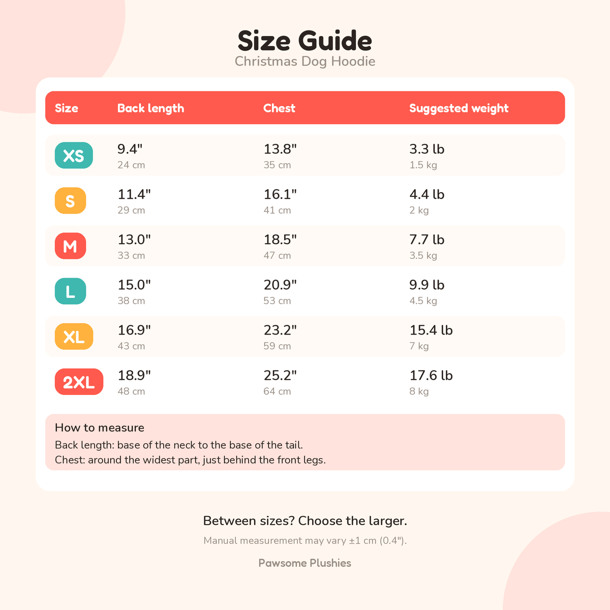 Christmas dog hoodie size guide size chart