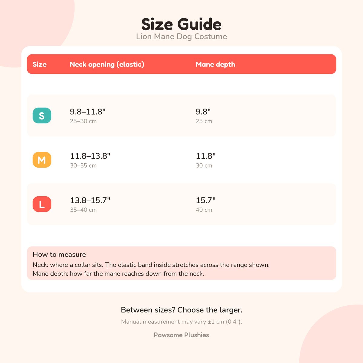 Lion mane dog costume size guide size chart
