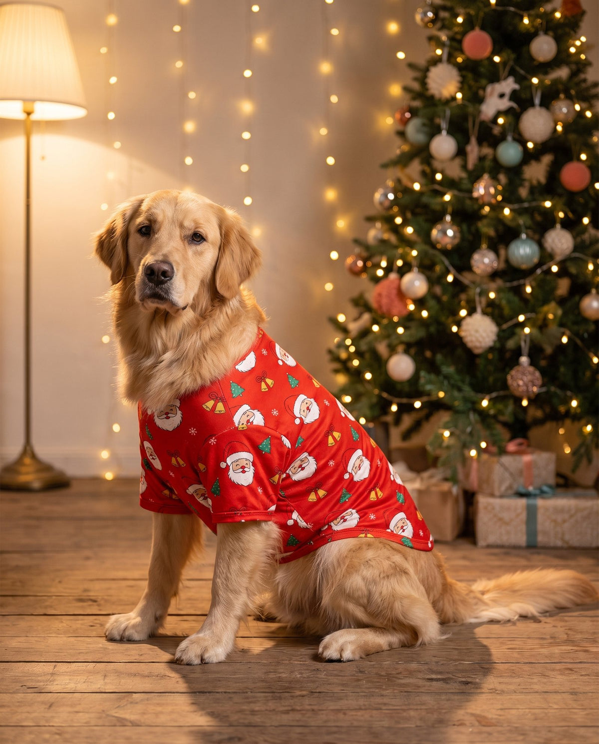 Golden retriever in a red Santa-print Christmas dog shirt beside a lit Christmas tree