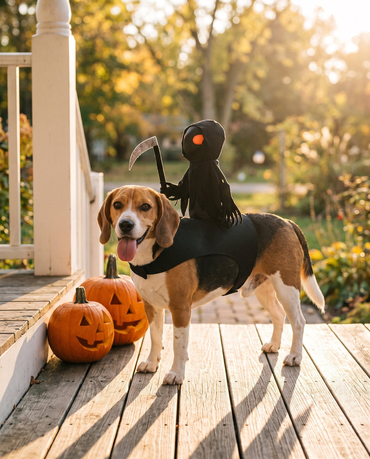 Beagle on a porch wearing the grim reaper rider costume, next to carved pumpkins